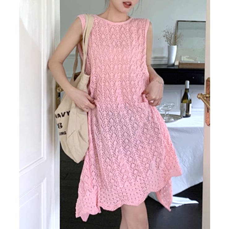 drawer 2020 かぎ編みバックプリーツニットワンピース