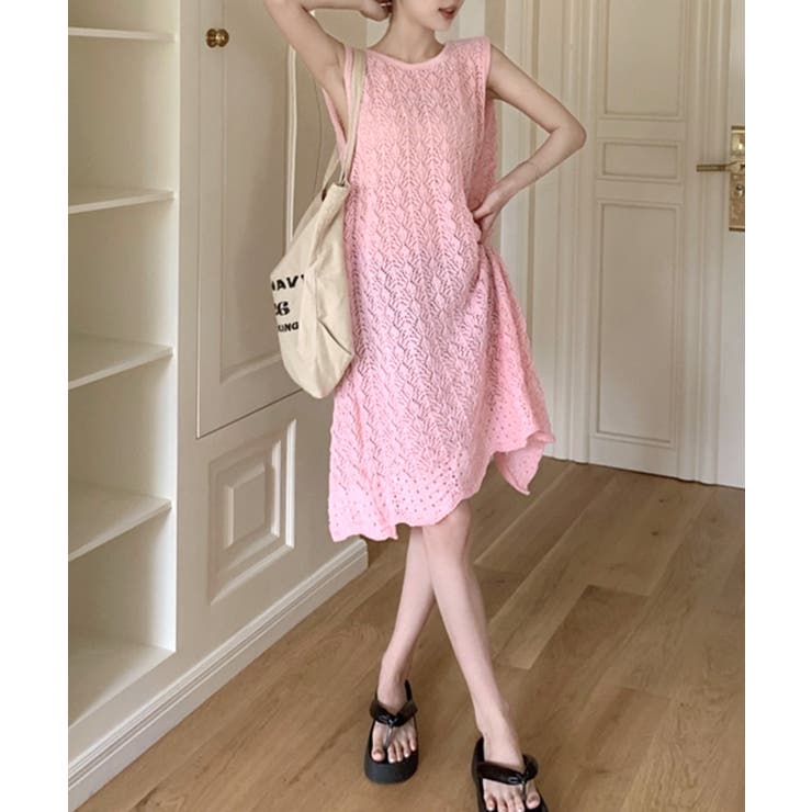 ふりふ パパゲーノ 透かし編みニットワンピース SHENERY】透かし柄