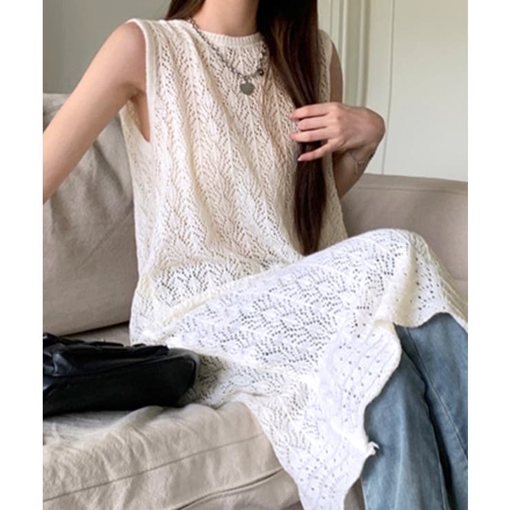 drawer 2020 かぎ編みバックプリーツニットワンピース drawer 2020 かぎ編みバックプリーツニットワンピース