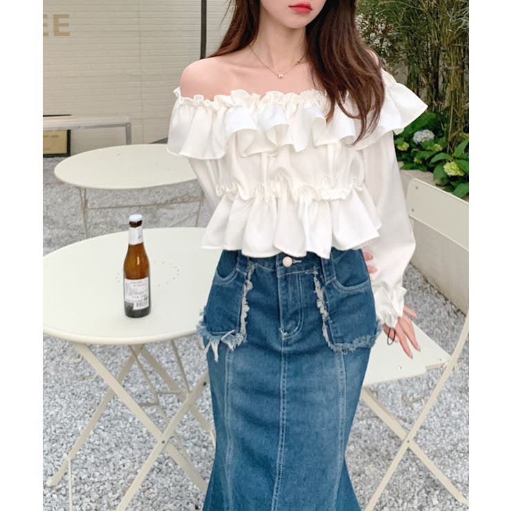 レースフリルスタンドカラーオフショルレイヤードトップ