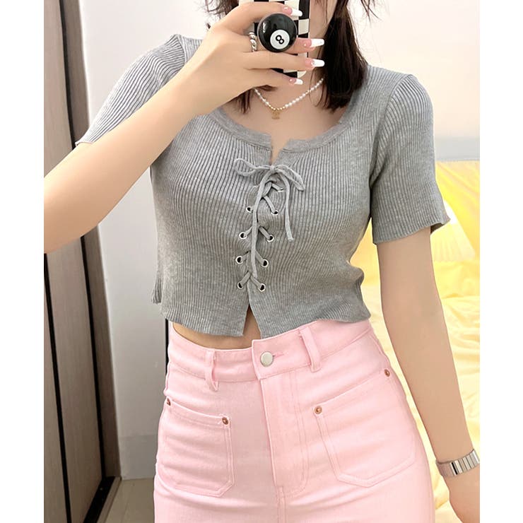 レースアップ半袖リブニット クロップド丈 リブ編み | Riff | 詳細画像12 