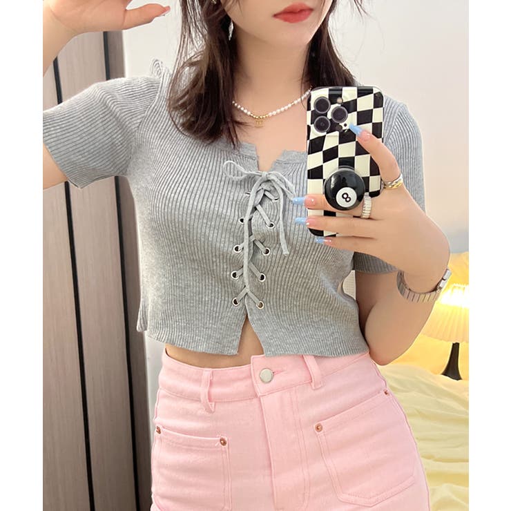 レースアップ半袖リブニット クロップド丈 リブ編み | Riff | 詳細画像13 