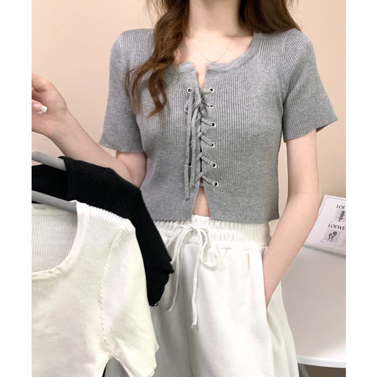 レースアップ半袖リブニット クロップド丈 リブ編み | Riff | 詳細画像14 