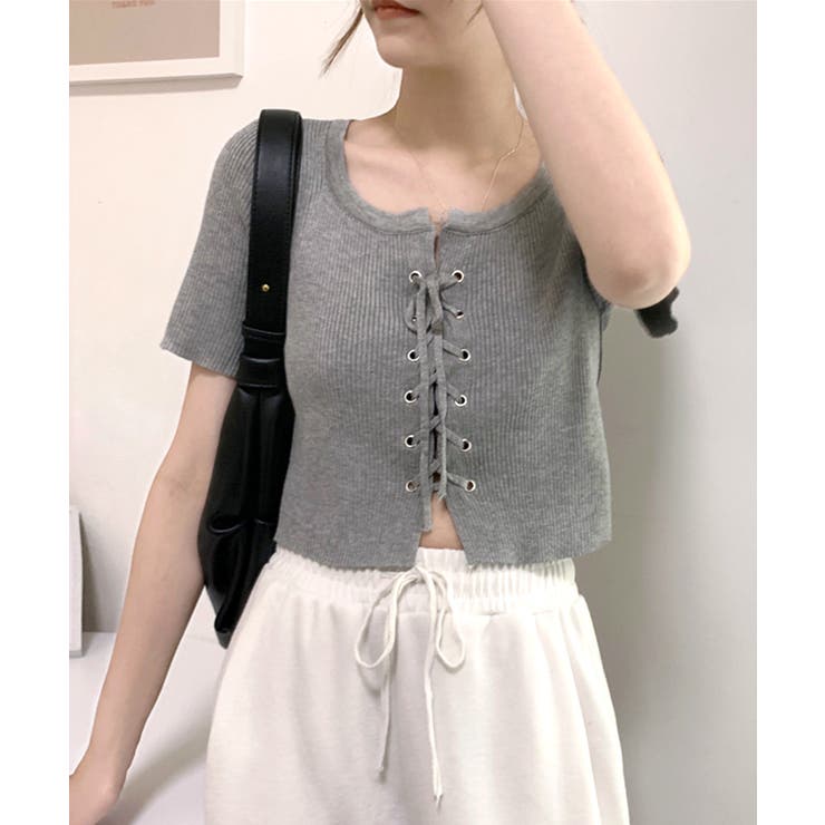 レースアップ半袖リブニット クロップド丈 リブ編み | Riff | 詳細画像16 