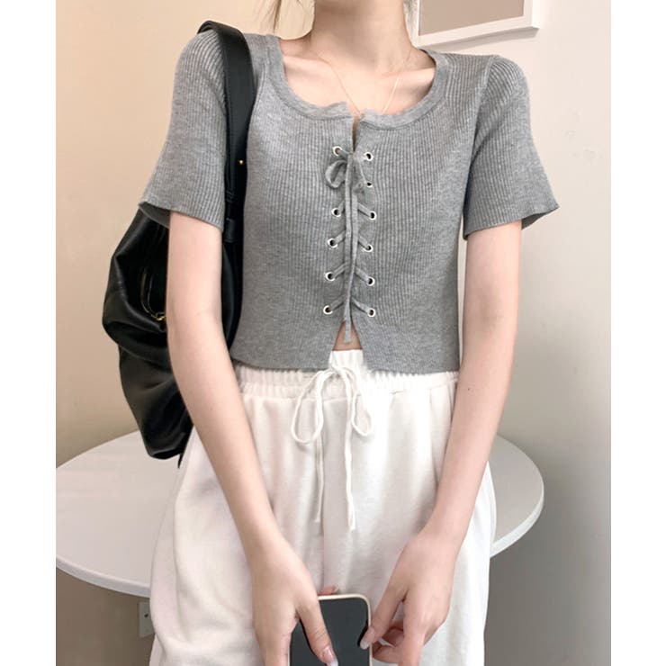 レースアップ半袖リブニット クロップド丈 リブ編み | Riff | 詳細画像17 