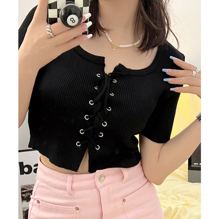 レースアップ半袖リブニット クロップド丈 リブ編み | Riff | 詳細画像18 