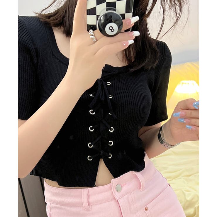 レースアップ半袖リブニット クロップド丈 リブ編み | Riff | 詳細画像19 