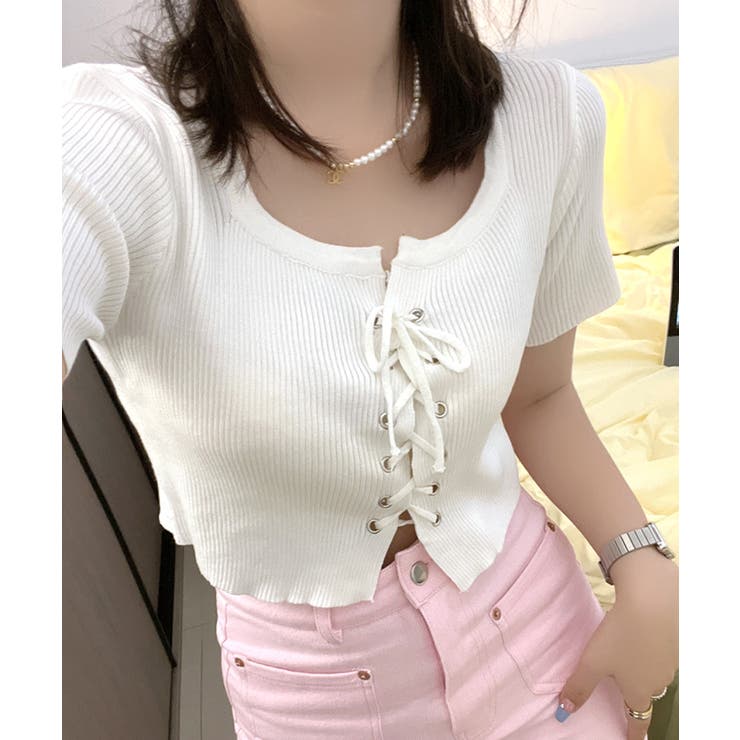 レースアップ半袖リブニット クロップド丈 リブ編み | Riff | 詳細画像2 