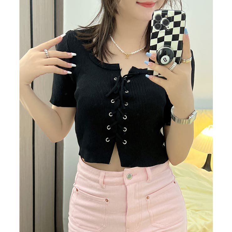 レースアップ半袖リブニット クロップド丈 リブ編み | Riff | 詳細画像20 