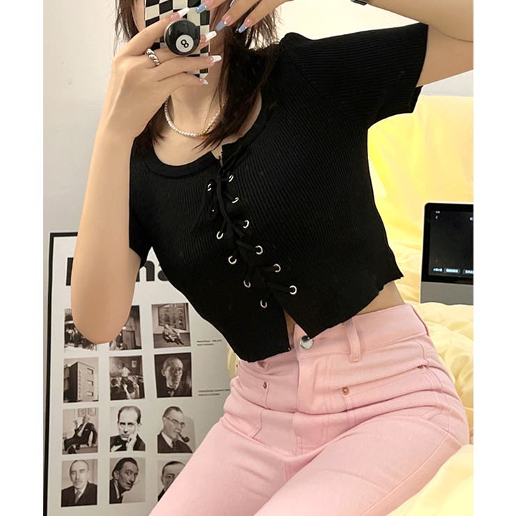 レースアップ半袖リブニット クロップド丈 リブ編み | Riff | 詳細画像21 