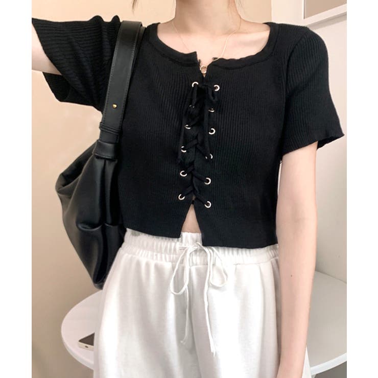 レースアップ半袖リブニット クロップド丈 リブ編み | Riff | 詳細画像22 