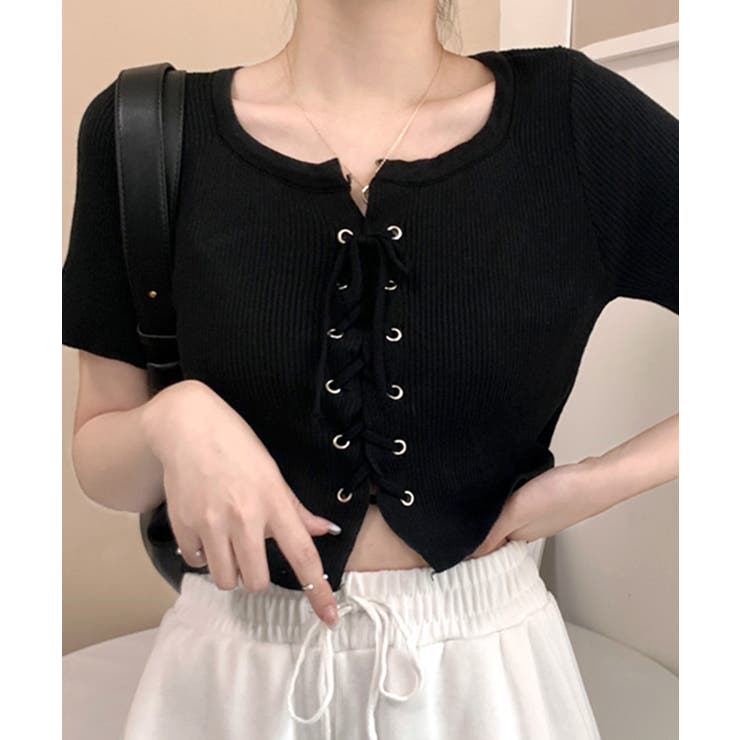 レースアップ半袖リブニット クロップド丈 リブ編み | Riff | 詳細画像23 