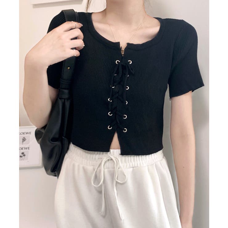 レースアップ半袖リブニット クロップド丈 リブ編み | Riff | 詳細画像24 