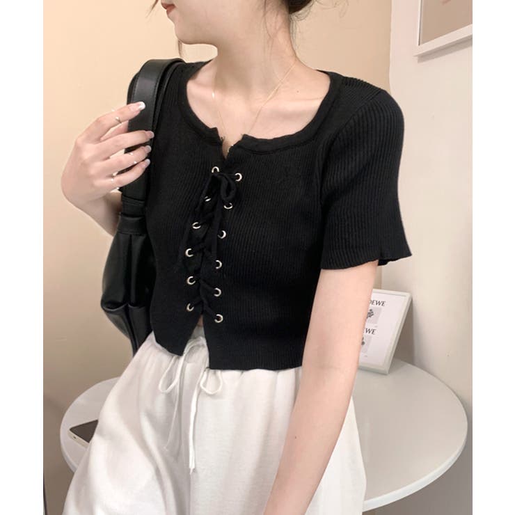 レースアップ半袖リブニット クロップド丈 リブ編み | Riff | 詳細画像25 