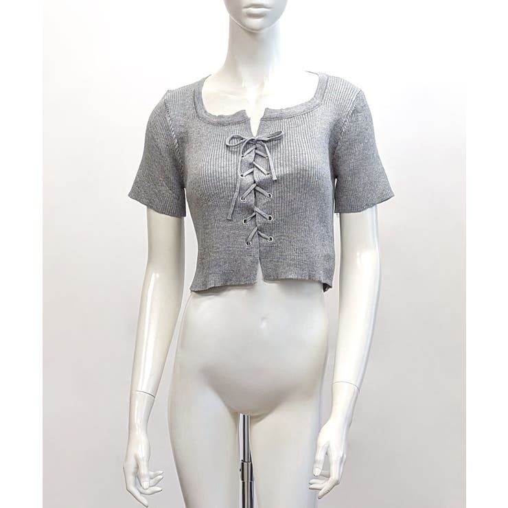 レースアップ半袖リブニット クロップド丈 リブ編み | Riff | 詳細画像29 