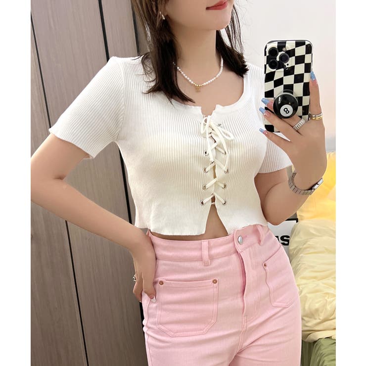 レースアップ半袖リブニット クロップド丈 リブ編み | Riff | 詳細画像3 