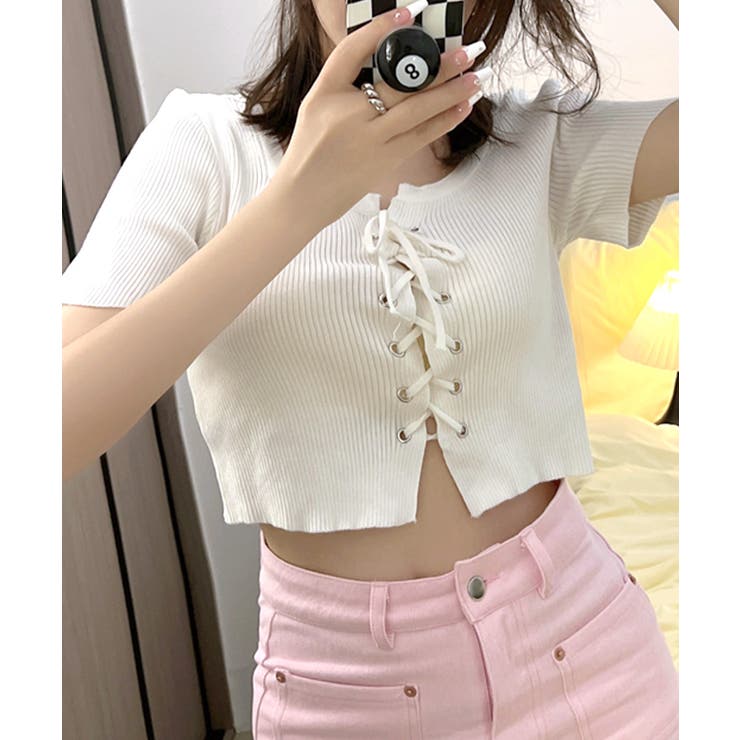 レースアップ半袖リブニット クロップド丈 リブ編み | Riff | 詳細画像4 