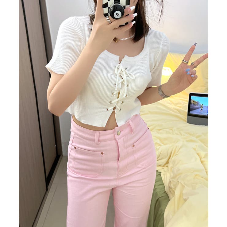 レースアップ半袖リブニット クロップド丈 リブ編み | Riff | 詳細画像5 