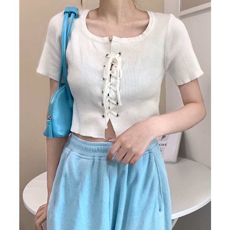 レースアップ半袖リブニット クロップド丈 リブ編み | Riff | 詳細画像6 