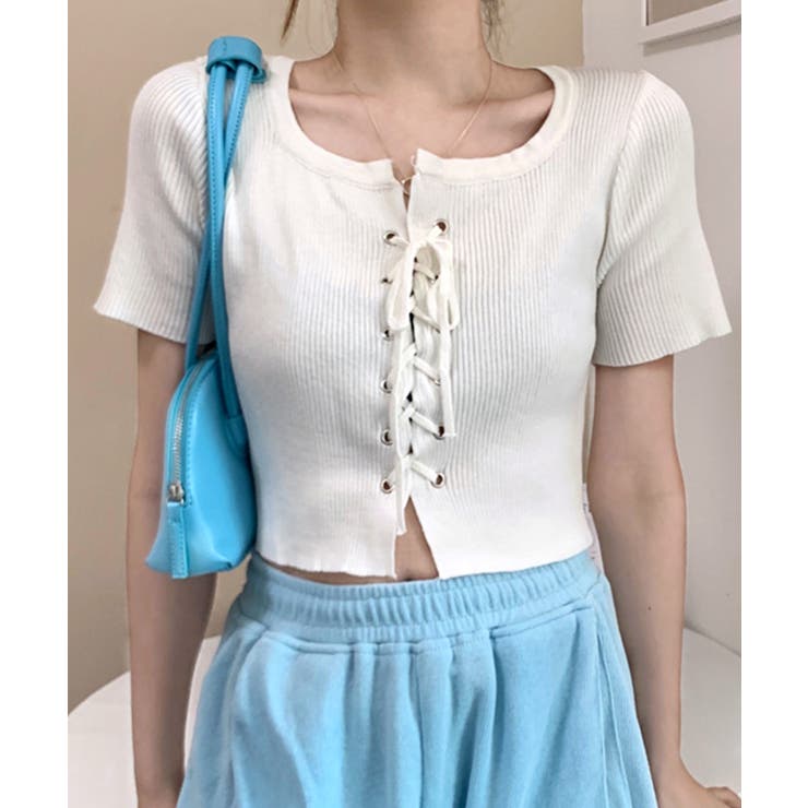 レースアップ半袖リブニット クロップド丈 リブ編み | Riff | 詳細画像7 