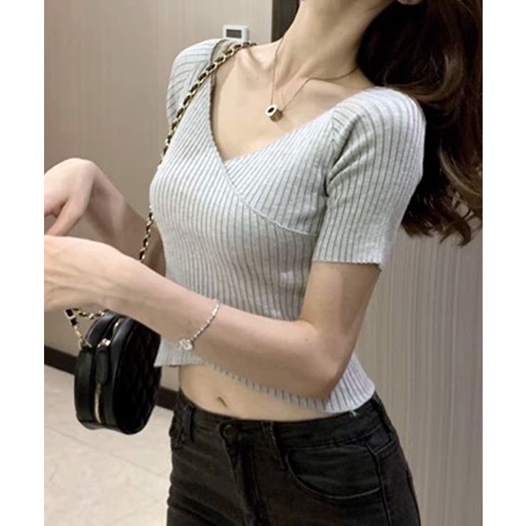 半袖リブニット クロスデザイン カシュクール | Riff | 詳細画像4 