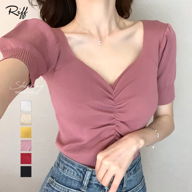 シャーリング半袖サマーニット ハートネック パフスリーブ | Riff | 詳細画像1 
