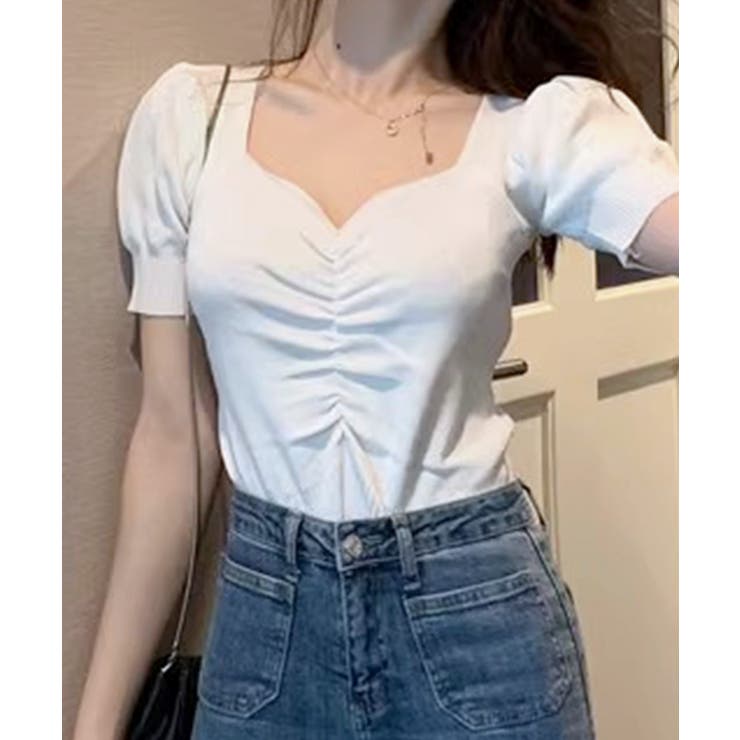 シャーリング半袖サマーニット ハートネック パフスリーブ | Riff | 詳細画像10 