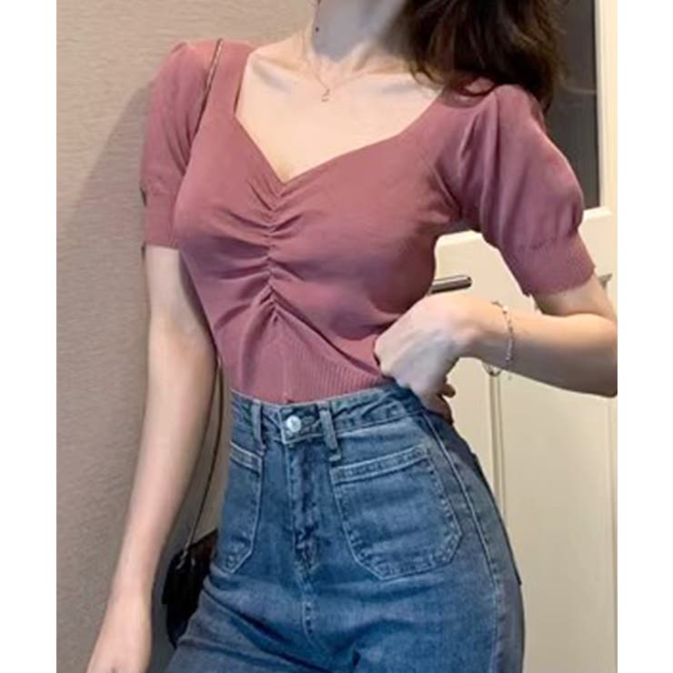 水着 チェック ハートネック カットオフ パフスリーブ 半袖M/XL シャーリング半袖サマーニット ハートネック パフスリーブ[品番