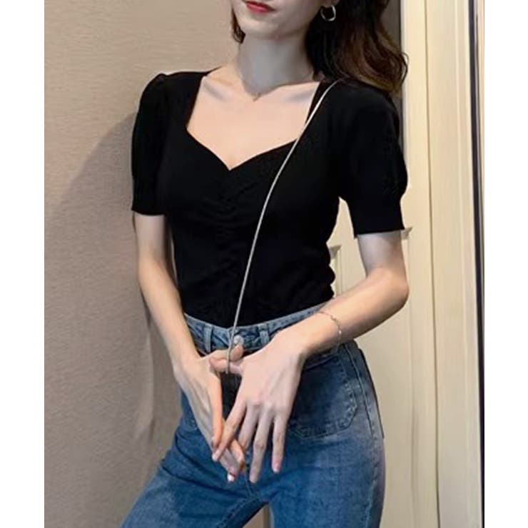 シャーリング半袖サマーニット ハートネック パフスリーブ | Riff | 詳細画像31 