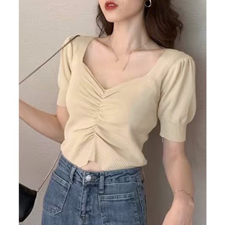 シャーリング半袖サマーニット ハートネック パフスリーブ | Riff | 詳細画像4 