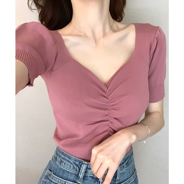 ピンク | シャーリング半袖サマーニット ハートネック パフスリーブ | Riff