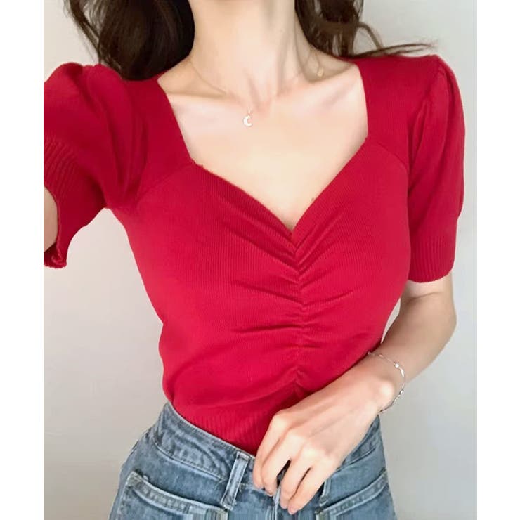 レッド | シャーリング半袖サマーニット ハートネック パフスリーブ | Riff