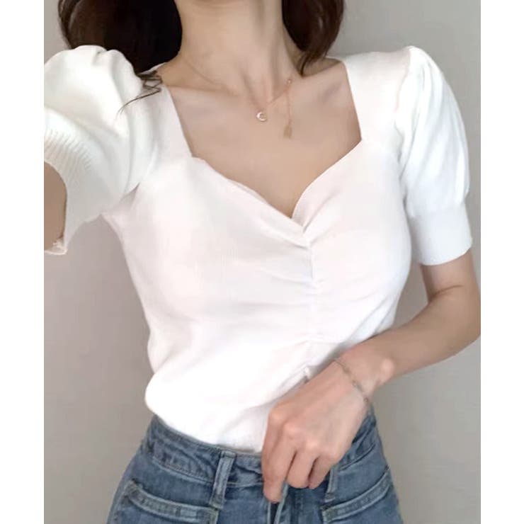 ホワイト | シャーリング半袖サマーニット ハートネック パフスリーブ | Riff