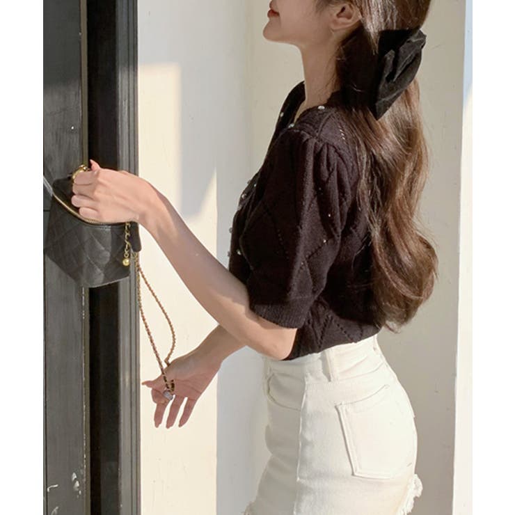 ダイヤ柄ビジュートップス 半袖ニット サマーニット | Riff | 詳細画像10 