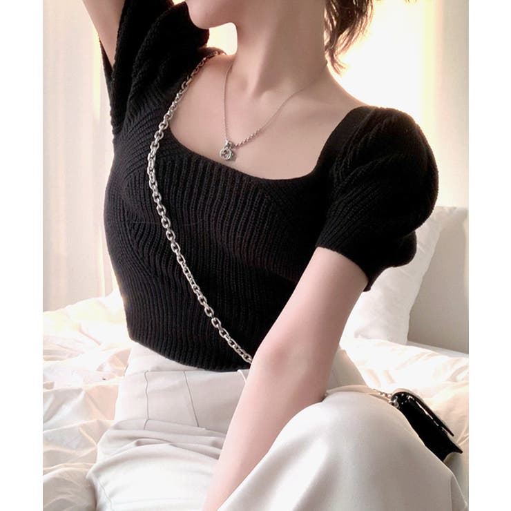 後ろリボントップス スクエアネック半袖ニット サマーニット | Riff | 詳細画像2 