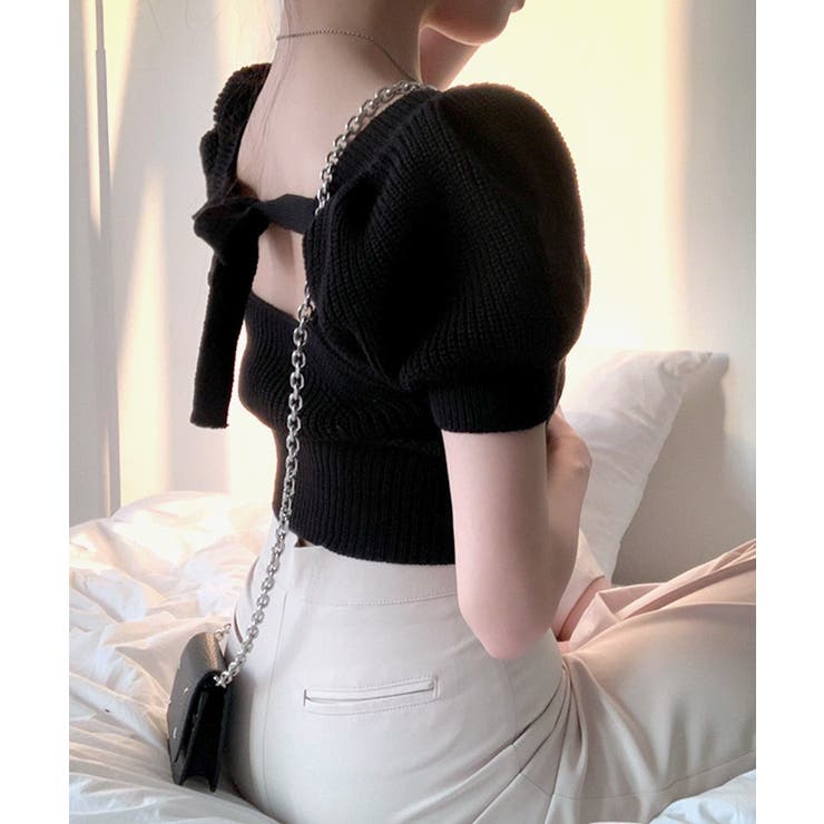 後ろリボントップス スクエアネック半袖ニット サマーニット | Riff | 詳細画像3 