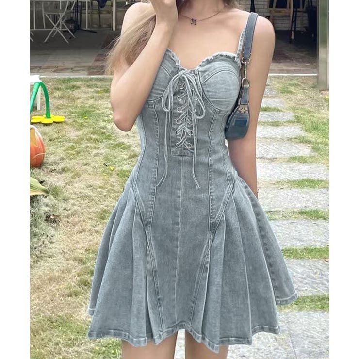 お歳暮 人気 オシャレ デニムキャミワンピース ミニワンピース 半袖[品番：NETW0001889 ワンピース