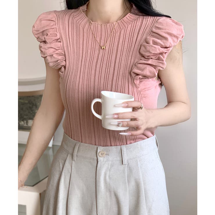 ノースリーブトップス リブニット フリル[品番：NETW0001899]｜Riff 