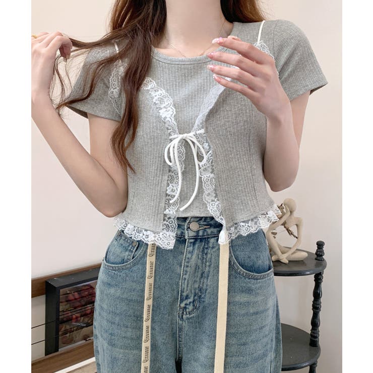 レースリボンビスチェ+Tシャツセットアイテム レイヤード T
