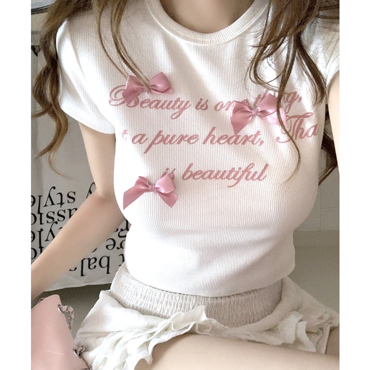 リボン付きTシャツ ロゴプリント クロップド丈[品番：NETW0001922  