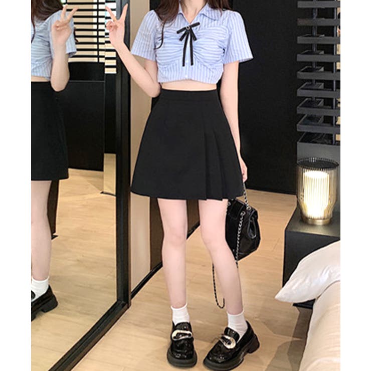Aラインミニスカート サイドプリーツ インナーパンツ付き[品番 Aラインミニスカート サイドプリーツ インナーパンツ付き[品番