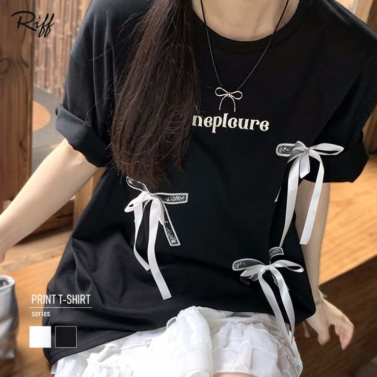 リボンロゴプリントTシャツ リボン付き ロゴプリント[品番
