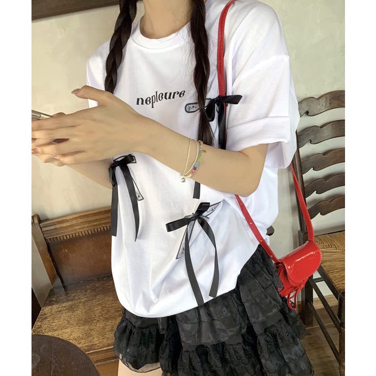 リボンロゴプリントTシャツ リボン付き ロゴプリント[品番