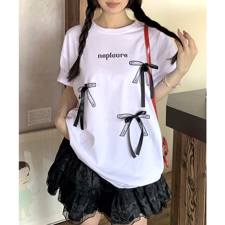 リボンロゴプリントTシャツ リボン付き ロゴプリント[品番