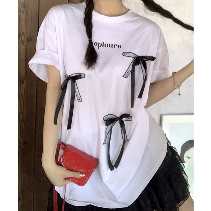 リボンロゴプリントTシャツ リボン付き ロゴプリント[品番