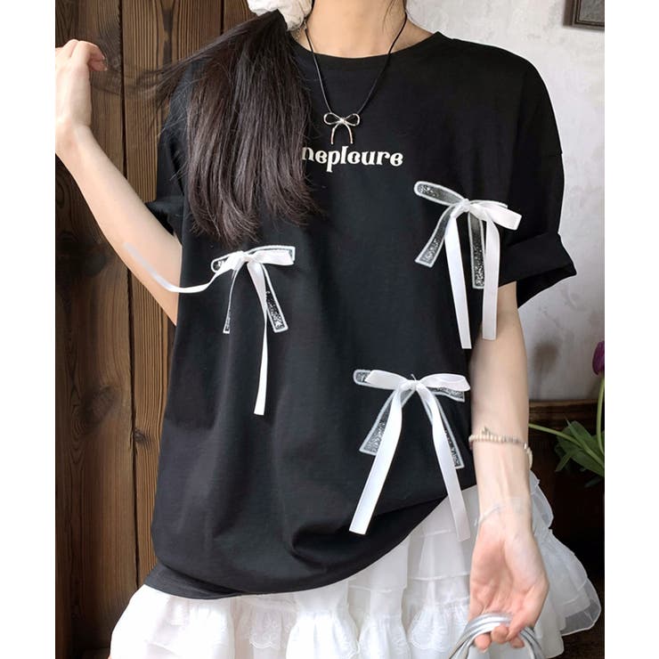 リボンロゴプリントTシャツ リボン付き ロゴプリント[品番