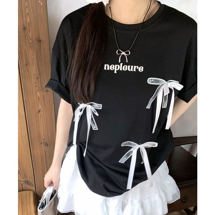 リボンロゴプリントTシャツ リボン付き ロゴプリント[品番
