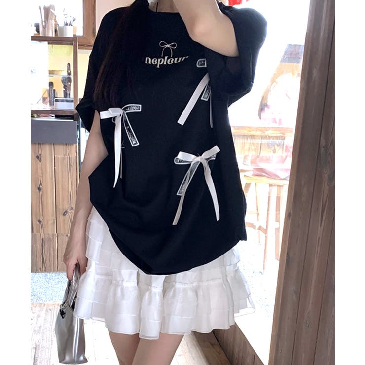 リボンロゴプリントTシャツ リボン付き ロゴプリント[品番