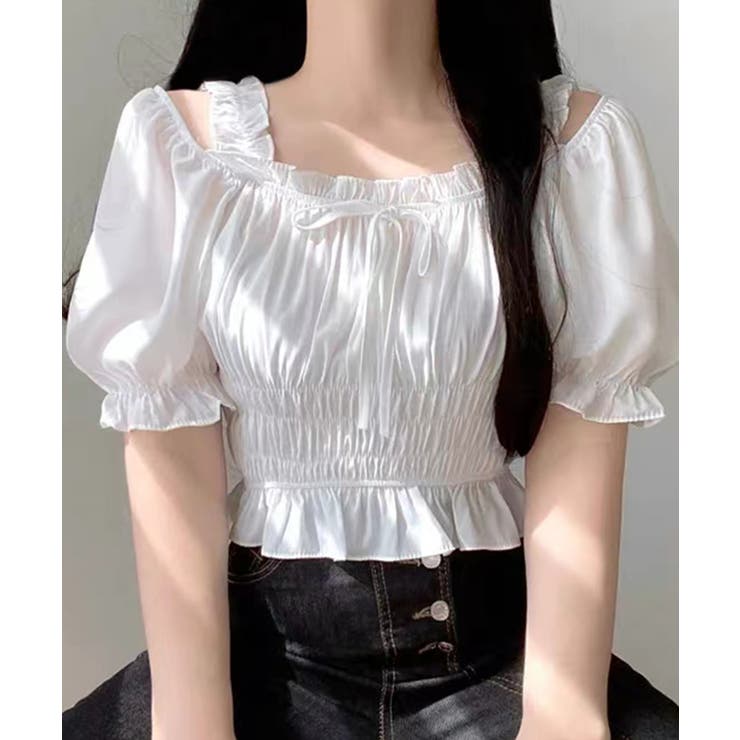 オフショルダーシャーリングトップス フリル パフスリーブ | Riff | 詳細画像17