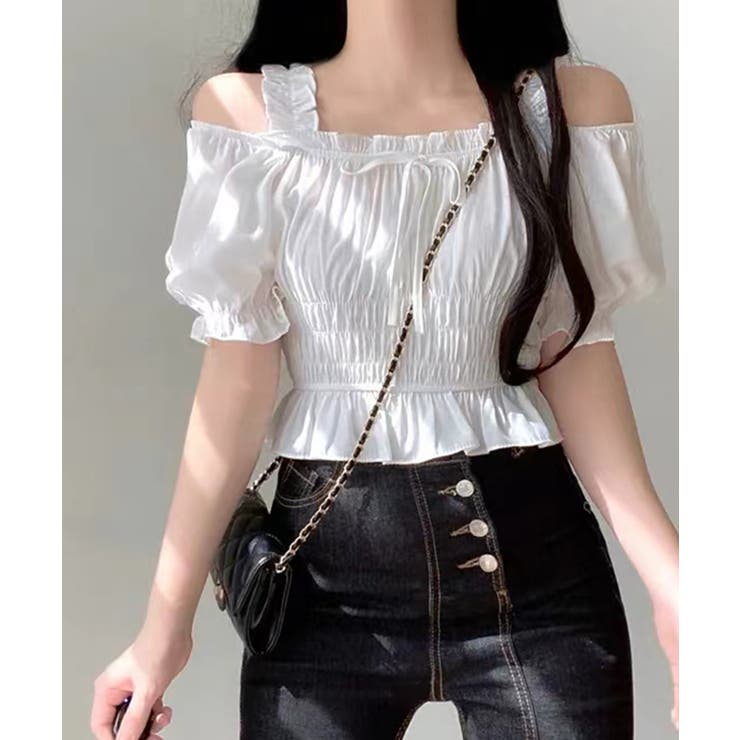 オフショルダーシャーリングトップス フリル パフスリーブ | Riff | 詳細画像19